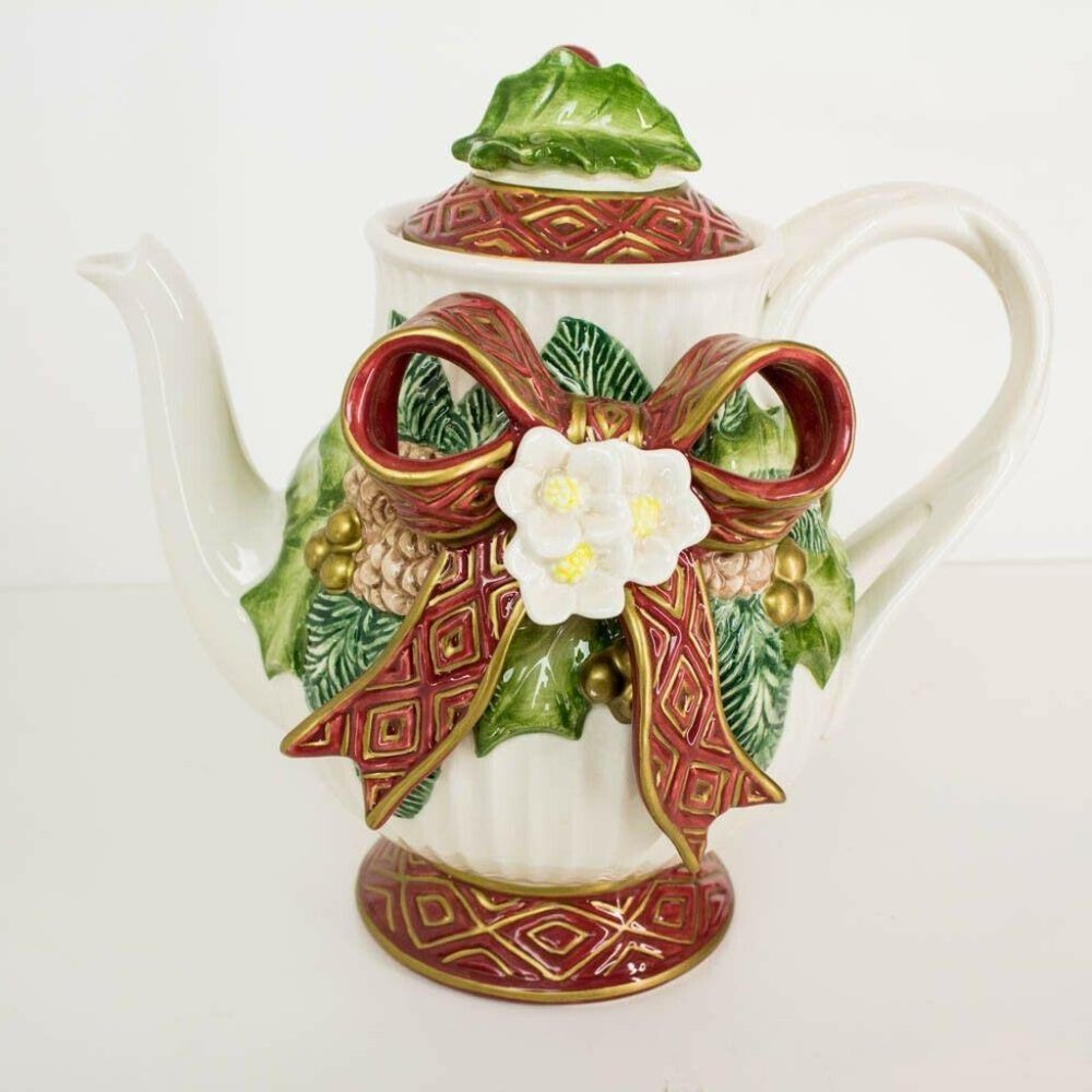 Fitz and Floyd Teapot Christmas Rose Holiday Bow